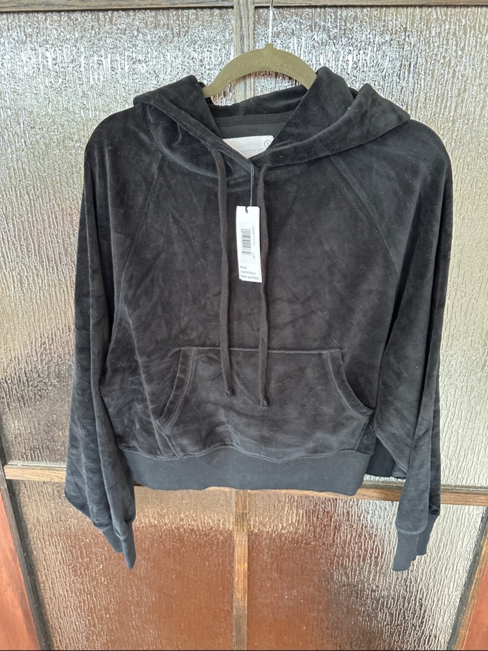 NWT Unsubscribed Brand Black Velour Cropped Hoodie Sweatshirt size S